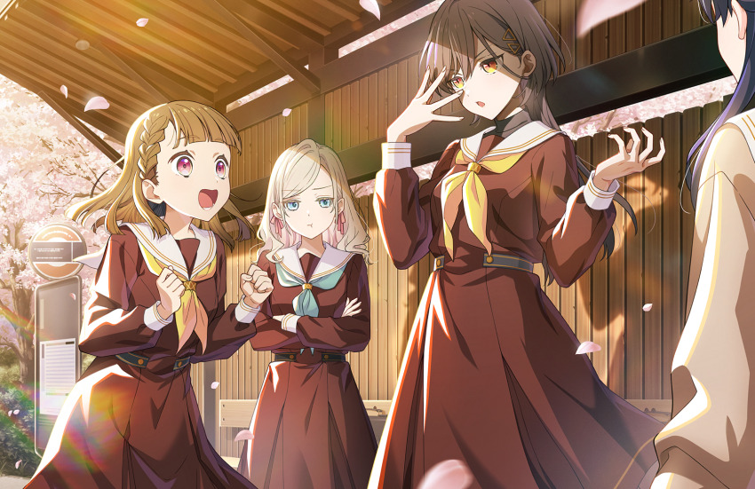 4girls :d :o :t aqua_neckerchief blue_eyes blue_hair braid brown_cardigan brown_dress brown_hair bus_stop cardigan center-flap_bangs ceras_yanagida_lilienfeld clenched_hands closed_mouth cowboy_shot crossed_arms day dollchestra dress eyes_visible_through_hair falling_petals game_cg hair_between_eyes hair_ornament hair_ribbon hasu_no_sora_school_uniform highres kachimachi_kosuzu katsuragi_izumi leaning_forward lens_flare link!_like!_love_live! long_hair long_sleeves love_live! lower_teeth_only medium_dress multiple_girls murano_sayaka neckerchief non-web_source official_art open_mouth orange_eyes outdoors petals pink_eyes pink_petals pink_ribbon pleated_dress pout ribbon sailor_collar sailor_dress school_uniform shadow side_braids single_hair_intake smile swept_bangs teeth triangle_hair_ornament v-shaped_eyebrows virtual_youtuber white_sailor_collar winter_uniform wolf_cut yellow_neckerchief