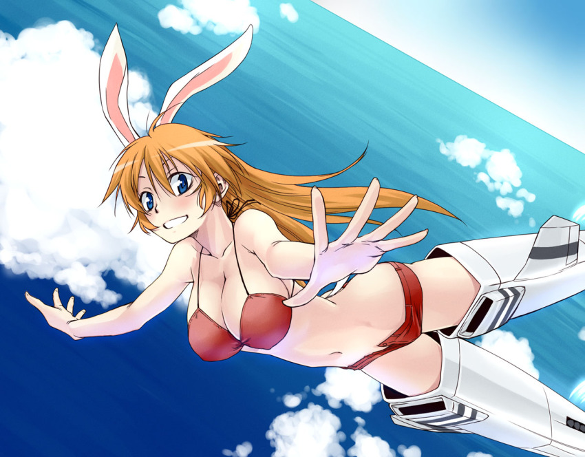 1girl animal_ears bikini bikini_top_only blue_eyes breasts brown_hair charlotte_e._yeager cleavage cloud day dutch_angle escort_fighter female_focus flying grin large_breasts long_hair mecha_musume navel ocean p-51_mustang rabbit_ears rabbit_girl satou_atsuki short_shorts shorts sky smile solo strike_witches striker_unit swimsuit unbuttoned world_witches_series