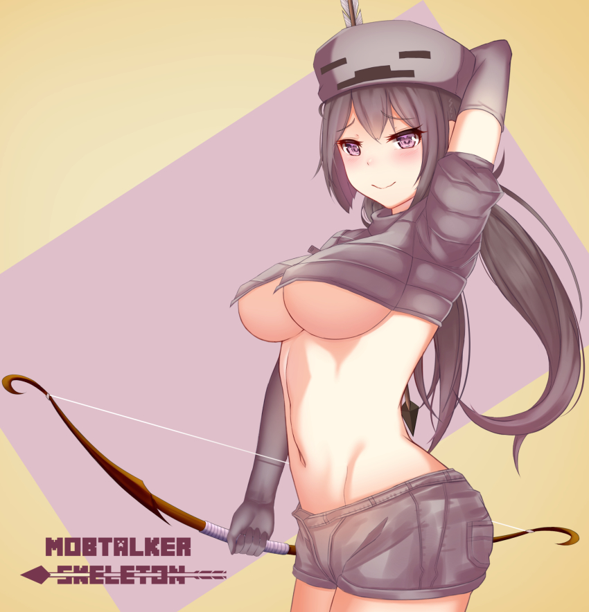 1girl arm_behind_head arm_up arrow_(projectile) blush borrowed_character bow_(weapon) breasts cleavage closed_mouth destinyplayer1 elbow_gloves gloves grey_gloves grey_hair grey_shorts highres holding holding_arrow holding_bow_(weapon) holding_weapon large_breasts long_hair looking_at_viewer low_twintails minecraft navel personification pink_eyes short_shorts shorts skeleton skeleton_(minecraft) smile solo twintails underboob weapon