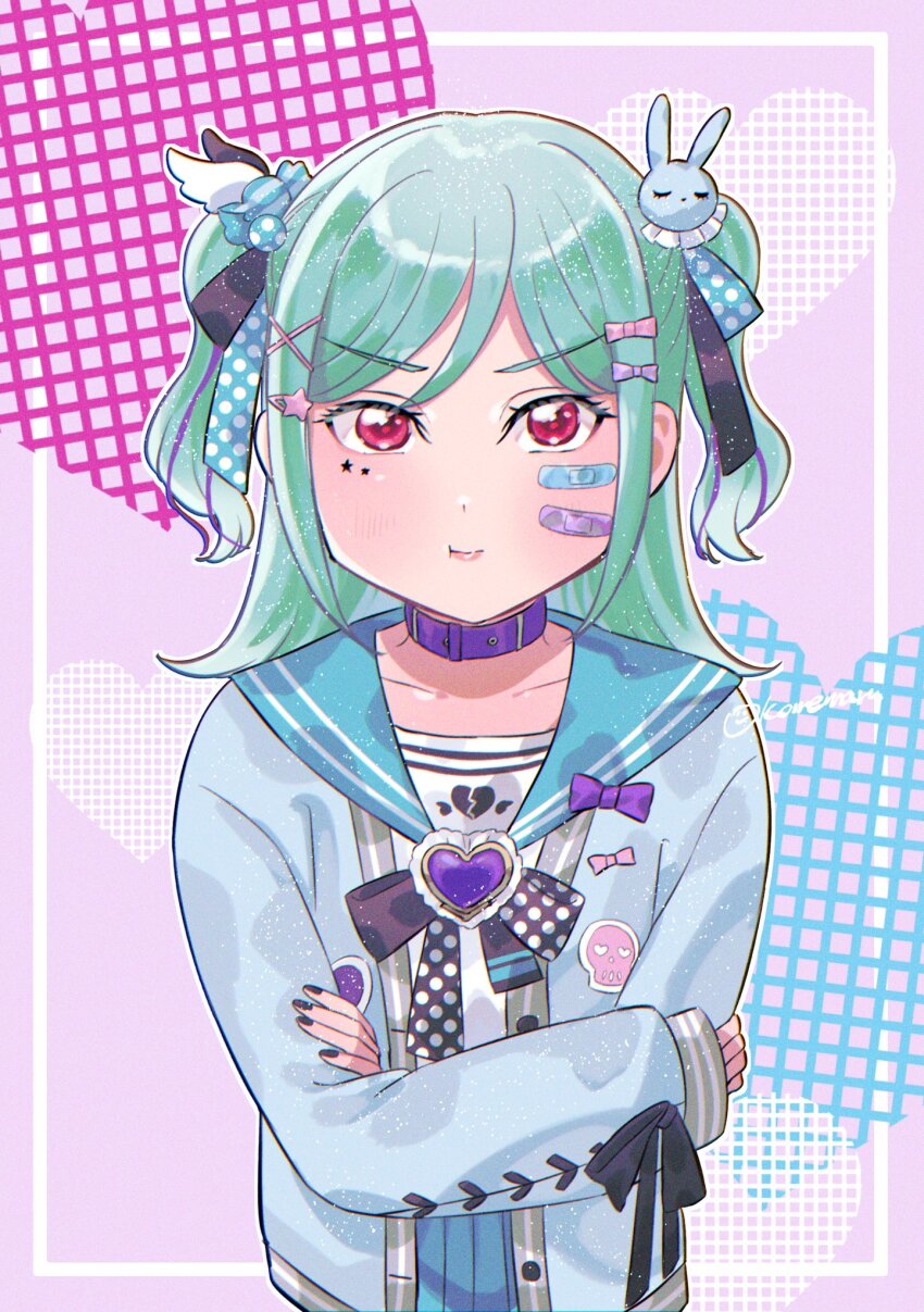 1girl :t alternate_color bandaid bandaid_on_cheek bandaid_on_face black_nails black_ribbon blue_cardigan blue_ribbon blue_sailor_collar blush broken_heart_print brooch candy_hair_ornament cardigan check_commentary choker closed_mouth collarbone commentary_request cosplay crossed_arms food-themed_hair_ornament green_hair hair_ornament hair_ribbon heart heart_brooch highres jewelry long_sleeves looking_at_viewer love_live! love_live!_school_idol_festival_all_stars love_live!_sunshine!! love_live!_superstar!! medium_hair okome_maru onitsuka_tomari pink_background polka_dot polka_dot_ribbon pout purple_choker rabbit_hair_ornament red_eyes ribbon sailor_collar school_uniform serafuku sidelocks sleeves_past_wrists solo tsushima_yoshiko tsushima_yoshiko_(cosplay) tsushima_yoshiko_(fall_to_the_dark_side) two_side_up upper_body v-shaped_eyebrows