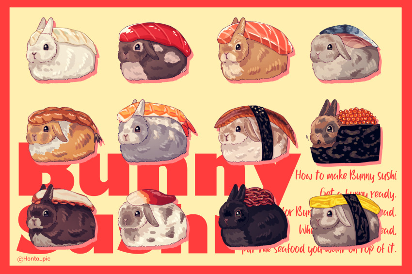 animal animal_focus artist_name black_eyes border closed_mouth english_text fish_(food) food food_focus highres honto_pic makizushi no_humans object_on_head original rabbit red_border shrimp sushi twitter_username yellow_background
