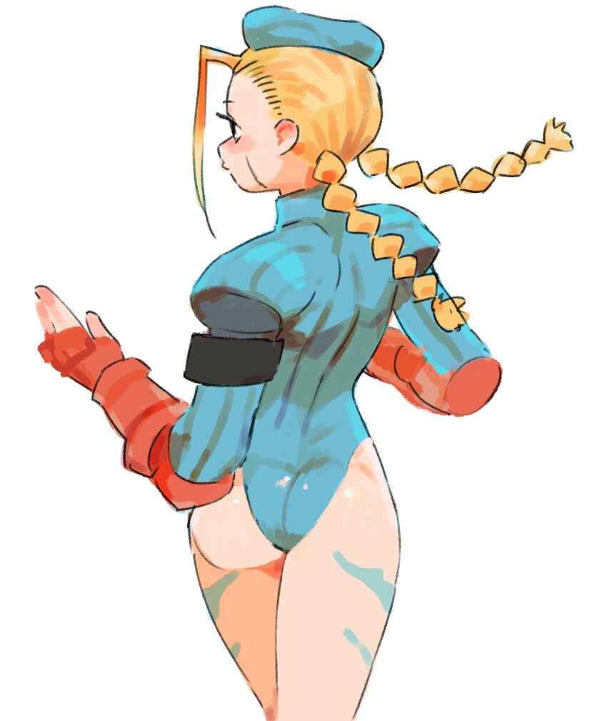 1girl ass blonde_hair blue_hat blue_leotard bodypaint cammy_white facial_scar fingerless_gloves gan2 garrison_cap gloves hat highleg highleg_leotard highres leotard long_hair red_gloves ribbed_leotard scar scar_on_cheek scar_on_face simple_background solo street_fighter street_fighter_zero_(series) white_background