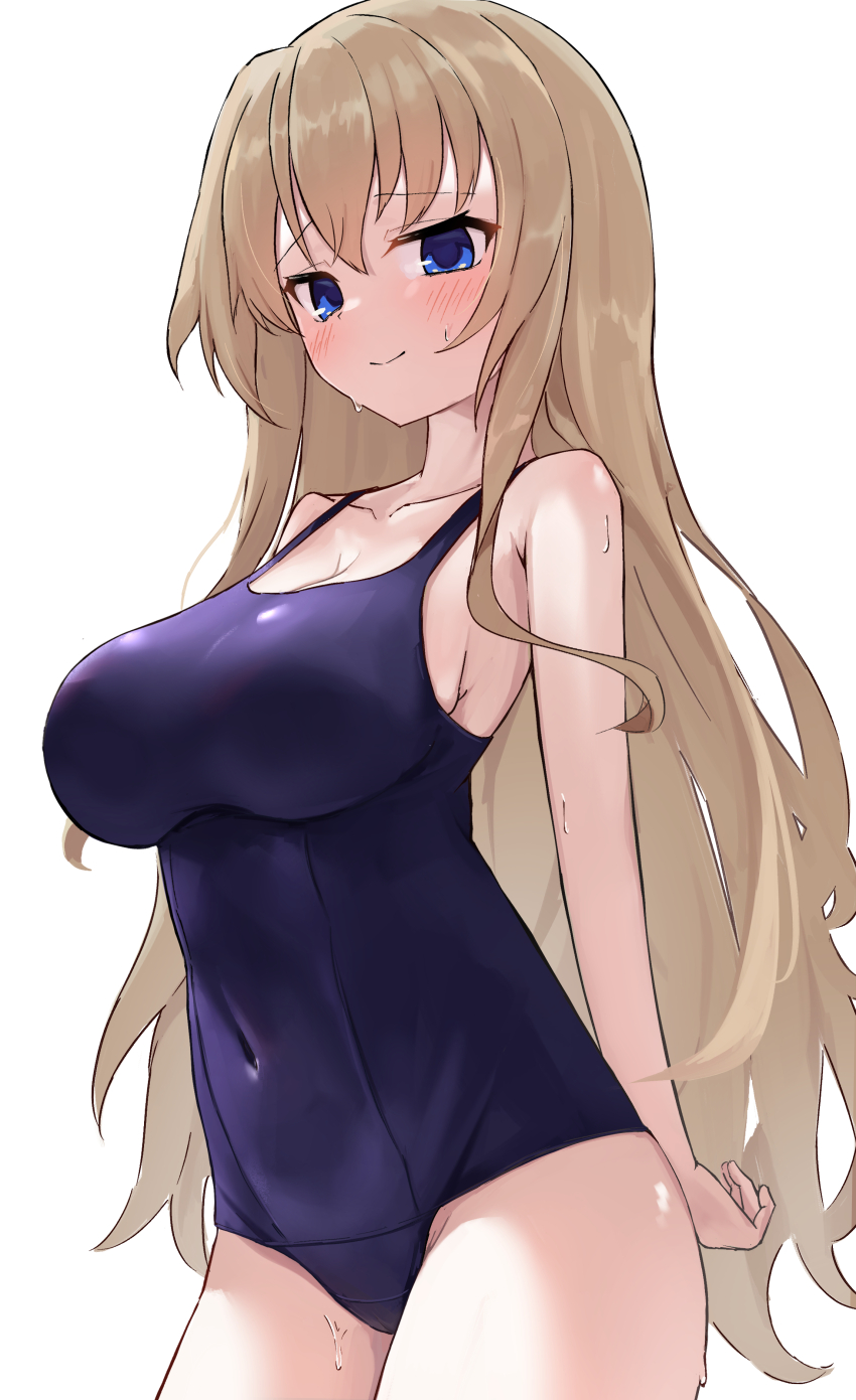 1girl 9-nine- absurdres alternate_costume arm_behind_back armpit_crease backboob bare_shoulders blue_eyes blue_one-piece_swimsuit blush breasts brown_hair cleavage closed_mouth collarbone covered_navel cowboy_shot hair_between_eyes highres impossible_clothes kujou_miyako large_breasts long_hair looking_at_viewer one-piece_swimsuit raised_eyebrows sidelocks simple_background smile solo split_mouth swimsuit takoyaki032002 very_long_hair wet white_background