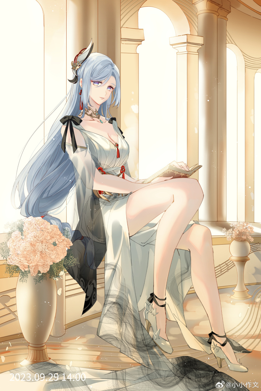 1girl absurdres alternate_costume ankle_ribbon arch bare_legs bare_shoulders black_ribbon black_sleeves blue_eyes book breasts chinese_commentary chinese_knot cleavage clothing_cutout dated dress earrings feather_hair_ornament feathers flower full_body genshin_impact gold_collar gradient_sleeves hair_ornament high_heels highres holding holding_book jewelry leg_ribbon long_dress long_hair looking_at_viewer low-braided_long_hair low-tied_long_hair musical_staff open_book parted_lips pillar pink_flower pink_rose ribbon rose see-through_clothes see-through_sleeves shenhe_(genshin_impact) shoes shoulder_cutout side_slit sideways_glance sitting solo sunlight swept_bangs tassel tassel_earrings three-quarter_sleeves train_(clothing) vase very_long_hair watermark weibo_watermark white_dress white_hair white_shoes wide_sleeves xiao_xiao_zuowen