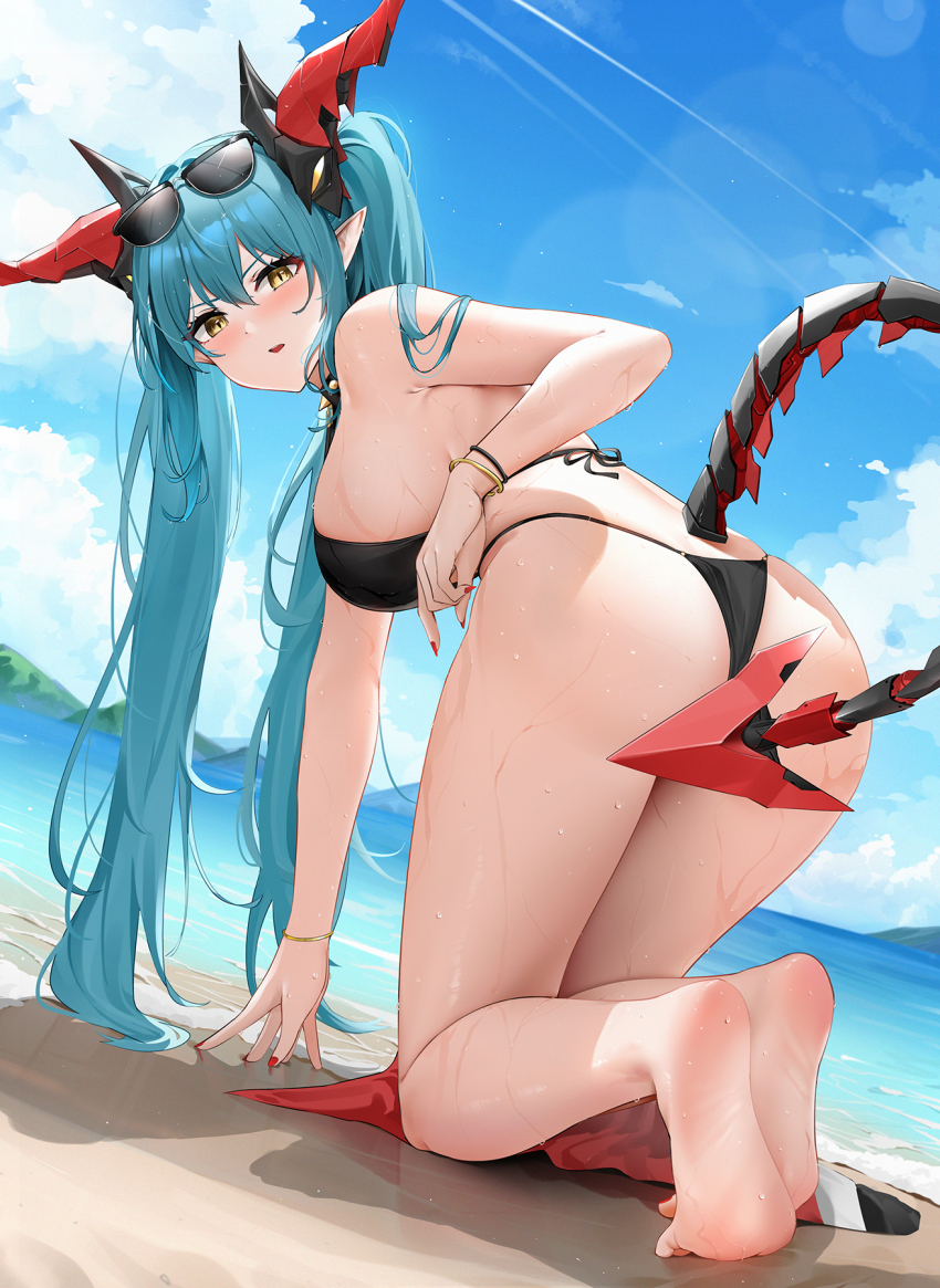 1girl aqua_hair azur_lane black_one-piece_swimsuit blue_sky blush breasts choker convenient_censoring dragon_girl dragon_horns dragon_tail eyewear_on_head highres horns kneeling large_breasts long_hair looking_at_viewer mechanical_horns mechanical_tail ocean one-piece_swimsuit parted_lips pointy_ears qing_wu regensburg_(azur_lane) regensburg_(dark_dragon_brilliant_beach)_(azur_lane) sand sky slingshot_swimsuit solo spiked_choker spikes sunglasses swimsuit tail yellow_eyes