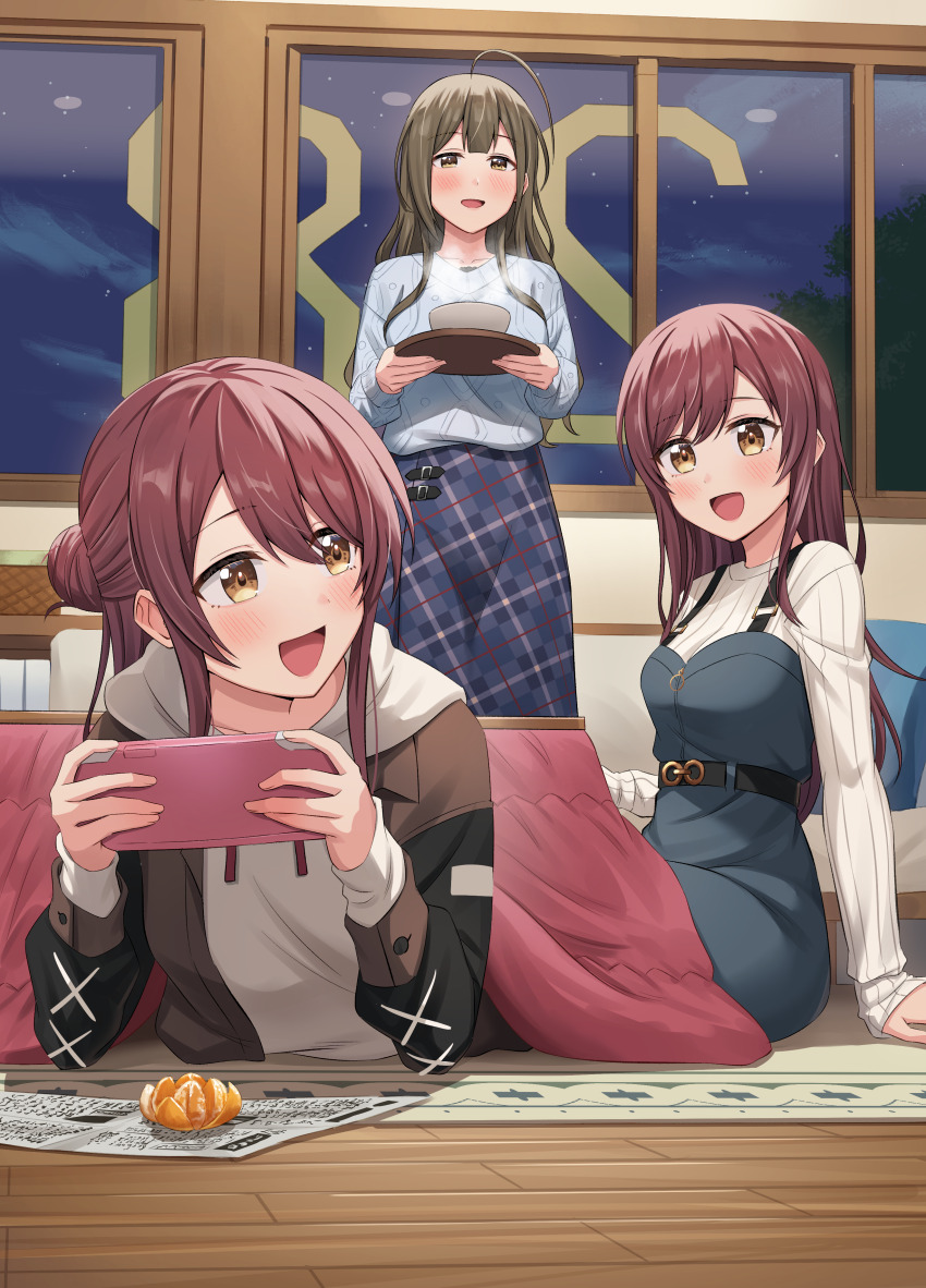 3girls :d absurdres ahoge alstroemeria_(idolmaster) black_jacket blue_dress blue_shirt blue_skirt bowl breasts brown_hair commentary_request cover_image dress food fruit hair_bun half_updo handheld_game_console highres holding holding_handheld_game_console holding_tray hood hoodie idolmaster idolmaster_shiny_colors indoors jacket kotatsu kurageso kuwayama_chiyuki layered_sleeves long_hair long_sleeves looking_at_another lounging lying mandarin_orange medium_breasts multiple_girls newspaper night on_stomach open_clothes open_jacket open_mouth osaki_amana osaki_tenka pinafore_dress plaid_clothes plaid_skirt shirt single_hair_bun sitting skirt sleeveless sleeveless_dress sleeves_past_wrists smile steam swept_bangs table tray under_kotatsu under_table white_hoodie white_shirt window