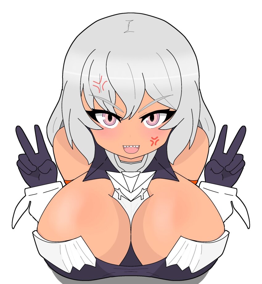 1girl 30_minutes_sisters alternate_breast_size anger_vein artist_request breasts dark_skin double_v from_above grey_hair highres ilshana_(30ms) large_breasts sharp_teeth teeth v