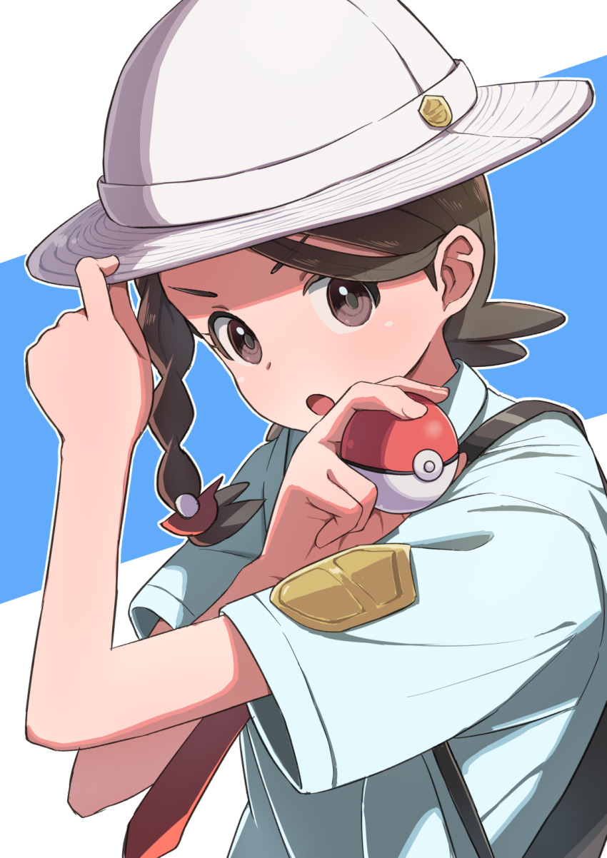 1girl :o backpack bag braid brown_eyes brown_hair collared_shirt commentary_request hand_on_headwear hat highres holding holding_poke_ball juliana_(pokemon) necktie nintendo open_mouth orange_necktie poke_ball poke_ball_(basic) pokemon pokemon_sv school_uniform shirt short_sleeves solo toraneko upper_body white_hat
