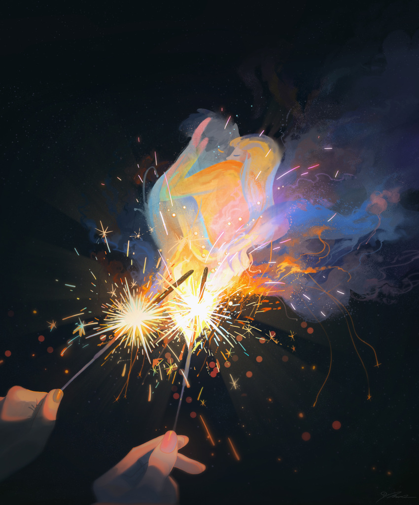 1boy 1girl absurdres black_background blurry bokeh depth_of_field fingernails fireworks hand_focus highres holding holding_fireworks light_particles morncolour nail_polish object_focus original out_of_frame pink_nails signature simple_background smoke smoke_trail sparkler sparks