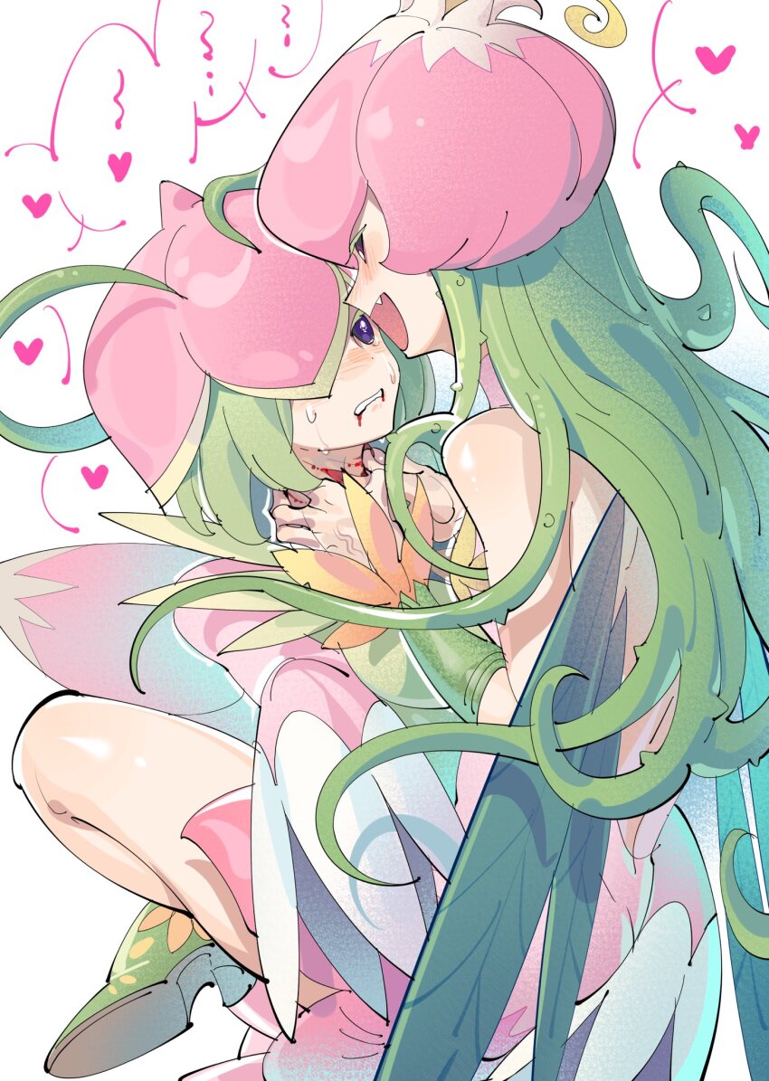 2girls backless_dress backless_outfit bare_shoulders biting_own_lip black_eyes bleeding blood blood_from_mouth blush boots breasts crying crying_with_eyes_open cuts detached_sleeves digimon digimon_(creature) domestic_violence dress eyelashes fairy fang fangs flower flower_hat gloves green_footwear green_hair green_leotard green_sleeves green_wings hair_vines hand_around_neck hand_on_another&#039;s_neck hands_on_another&#039;s_neck hat heart highres injury leaf_wings leg_lock leotard lilamon lilimon long_hair monster_girl multiple_girls no_hands one_eye_covered open_mouth petals pink_dress plant plant_girl plant_hair plant_monster plant_wings scratches smile solid_eyes spoken_heart streaming_tears tears veins veiny_hands vines wide_sleeves wings yuri zocehuy