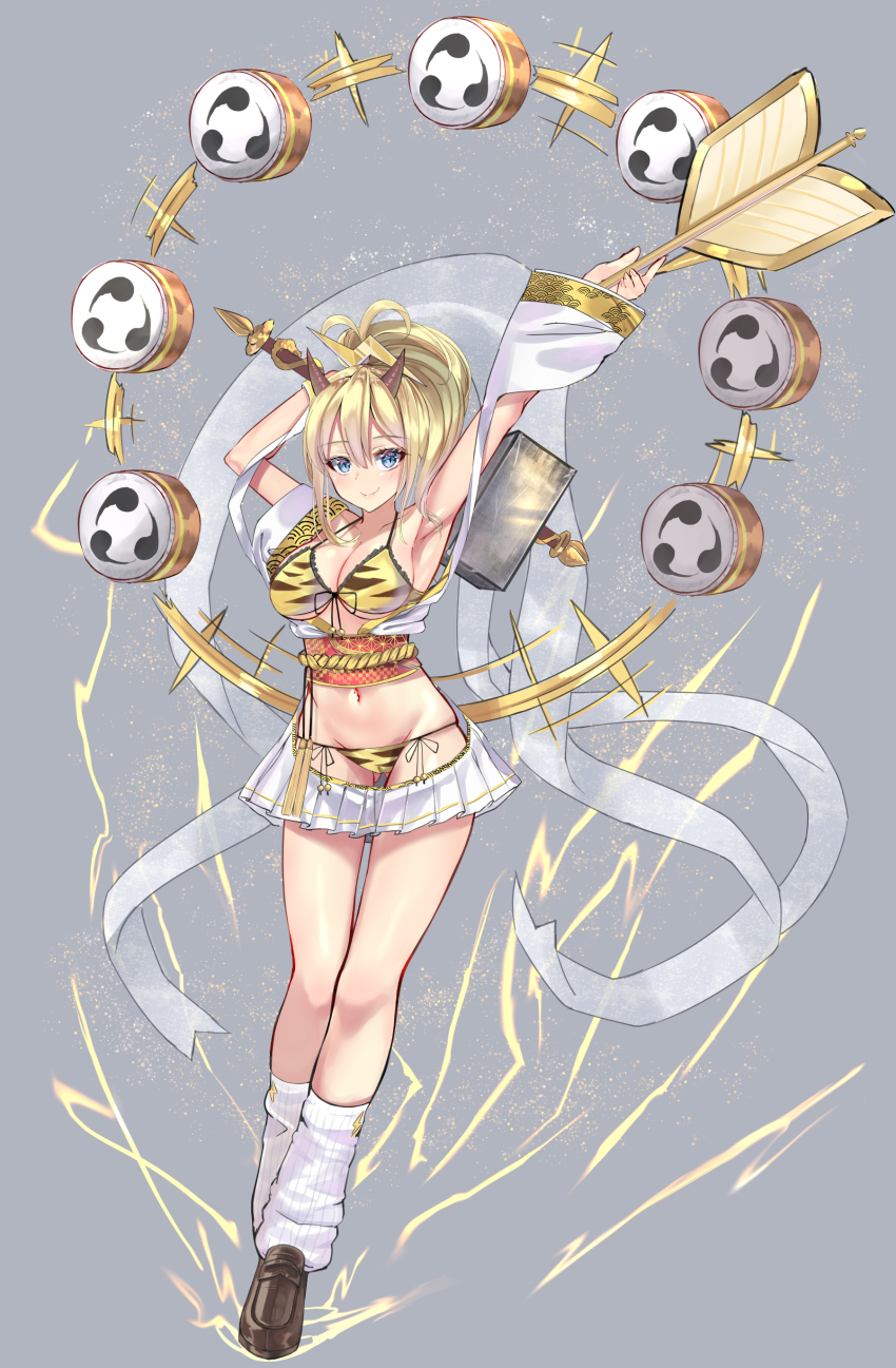 1girl absurdres armpits arms_up bare_shoulders bikini blonde_hair blue_eyes breasts brown_shoes cleavage collarbone commentary_request female_focus front-tie_bikini_top front-tie_top full_body gluteal_fold grey_background groin hair_ornament halterneck hammer highres holding holding_hammer holding_staff horns large_breasts lightning loafers long_hair long_sleeves looking_at_viewer loose_socks miniskirt mitsudomoe_(shape) muka_tsuku navel obi off_shoulder oni original ponytail raijin_(mythology) revealing_clothes sash seigaiha shoes showgirl_skirt skirt smile socks solo staff stomach strap_gap swimsuit thighs tomoe_(symbol) white_legwear white_skirt yellow_bikini