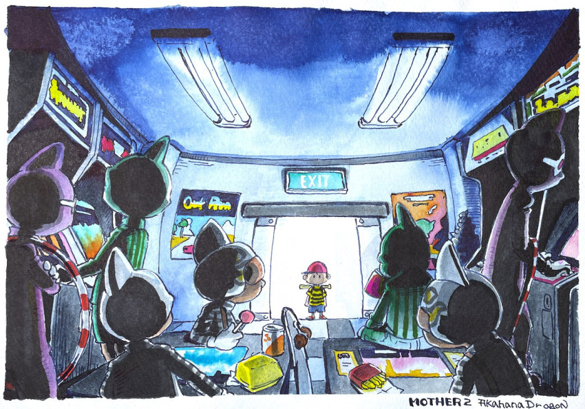 5boys akahanadragon arcade baseball_bat baseball_cap bodysuit can candy crossed_arms door doorway drink_can food french_fries glasses hat helmet hoop hula_hoop indoors lollipop looking_at_another mother_(series) mother_2 multiple_boys ness_(mother_2) nintendo painting_(medium) pogo_punk poster_(object) shirt shorts skate_punk soda_can striped_clothes striped_shirt traditional_media visor_(armor) watercolor_(medium) yes_man_junior_(mother_2)