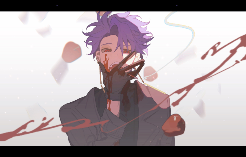 1boy absurdres apple black_gloves black_jacket black_shirt blood blood_on_arm blood_on_clothes blood_on_face cigarette commentary earrings food fruit german_commentary gloves highres holding holding_cigarette jacket jewelry long_sleeves male_focus open_clothes open_jacket open_mouth purple_hair red_eyes saibou_shinkyoku shirt short_hair smoke solo theodore_riddle upper_body variant_set white_background xianyufanmian
