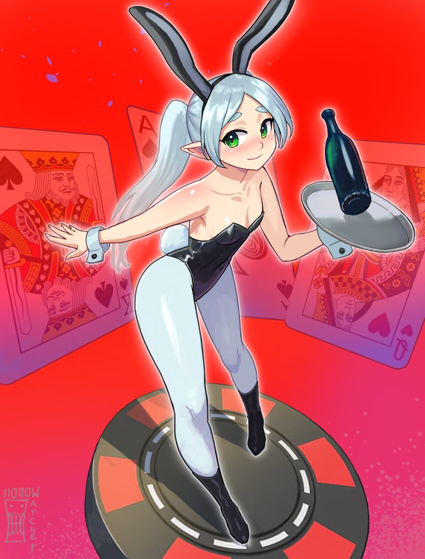 1girl absurdres animal_ears artist_name bare_shoulders black_boots black_hairband blush boots bottle breasts card closed_mouth collarbone elf fake_animal_ears frieren full_body green_eyes grey_hair hairband highres holding holding_tray knee_boots leotard long_hair looking_at_viewer pantyhose parted_bangs playboy_bunny playing_card pointy_ears poker_chip rabbit_ears small_breasts smile solo sousou_no_frieren thick_eyebrows tray twintails watcher_hollow white_pantyhose wrist_cuffs