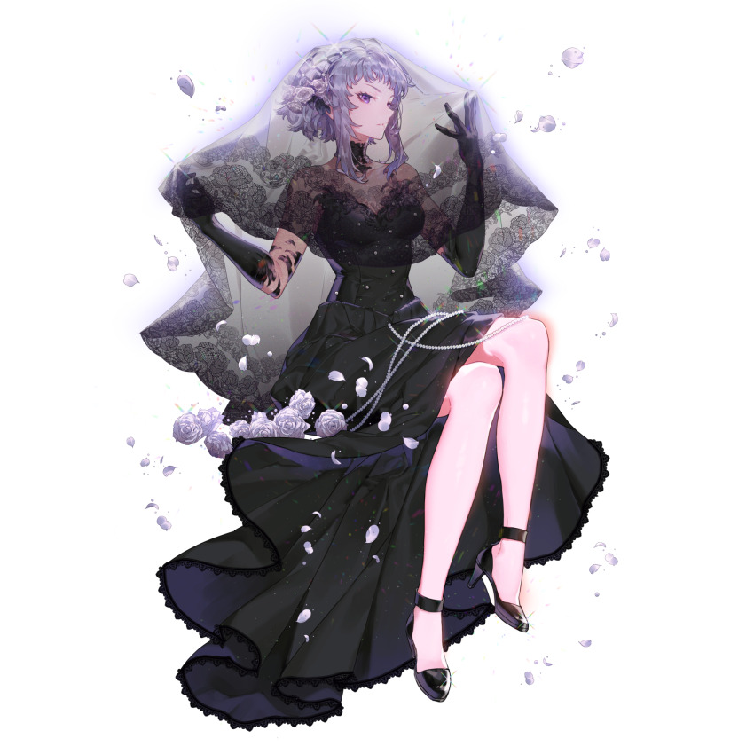 1girl artist_request beads black_collar black_dress black_gloves black_straps black_veil collar detached_collar dress elbow_gloves final_gear floating floating_object floral_print_veil flower full_body gloves grey_eyebrows grey_hair hair_flower hair_ornament high_heels highres lens_flare long_sidelocks looking_at_viewer no_socks official_art purple_eyes rose see-through_clothes see-through_veil shoe_strap sidelocks simple_background solo tachi-e third-party_source transparent_background veil wedding_dress white_flower white_petals white_rose zero_(final_gear)