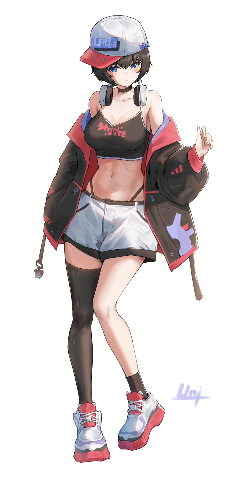 1girl absurdres asymmetrical_legwear bare_shoulders baseball_cap black_choker black_hair black_jacket black_shirt black_thighhighs blue_eyes breasts choker cleavage crop_top full_body hat headphones headphones_around_neck highleg highres jacket medium_breasts midriff navel off_shoulder open_clothes open_jacket panty_straps shiina_mayuri shirt shoes short_hair shorts simple_background single_sock single_thighhigh sleeveless sleeveless_shirt socks solo spaghetti_strap steins;gate stomach thighhighs unique_(pixiv12704744) white_background white_hat white_shorts