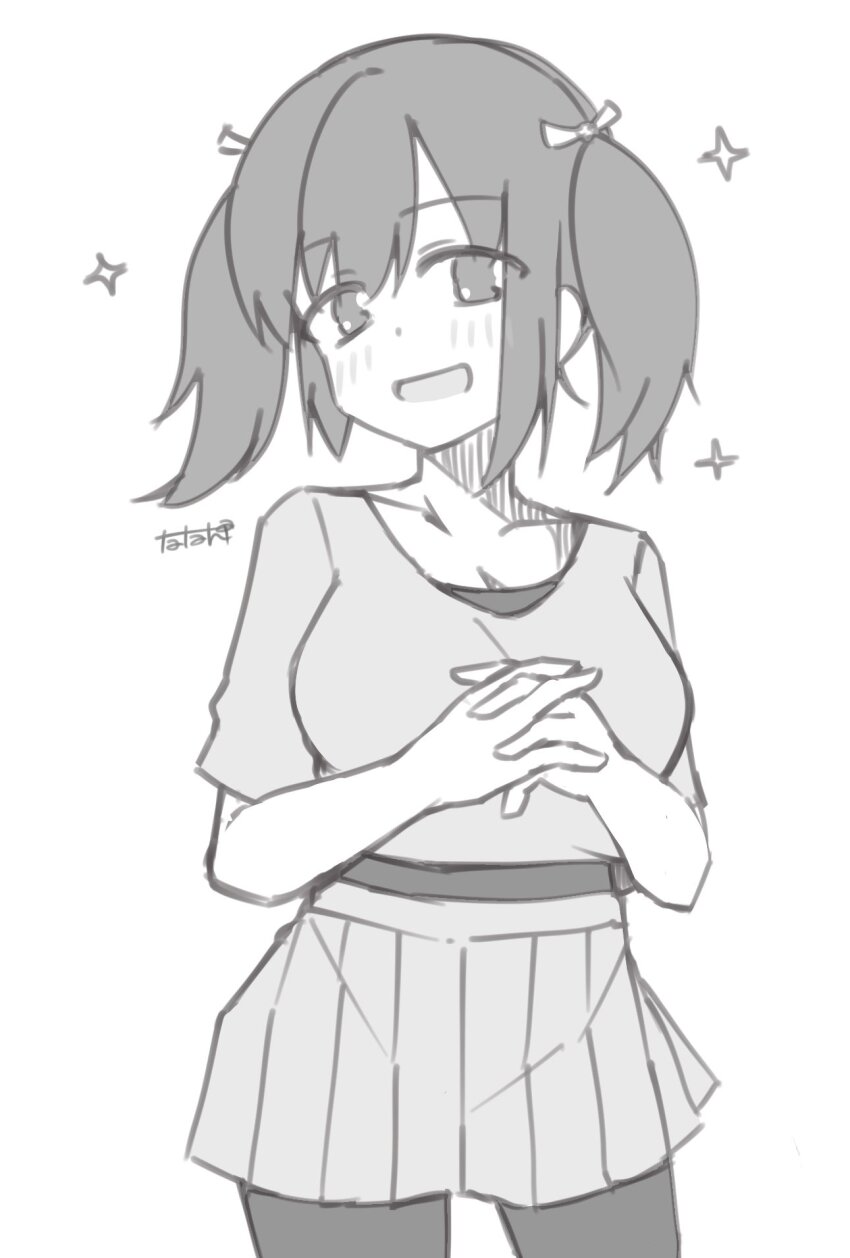 1girl alternate_costume commentary_request dress greyscale highres kantai_collection monochrome own_hands_clasped own_hands_together pantyhose pleated_dress shirt smile solo souryuu_(kancolle) tatahai twintails