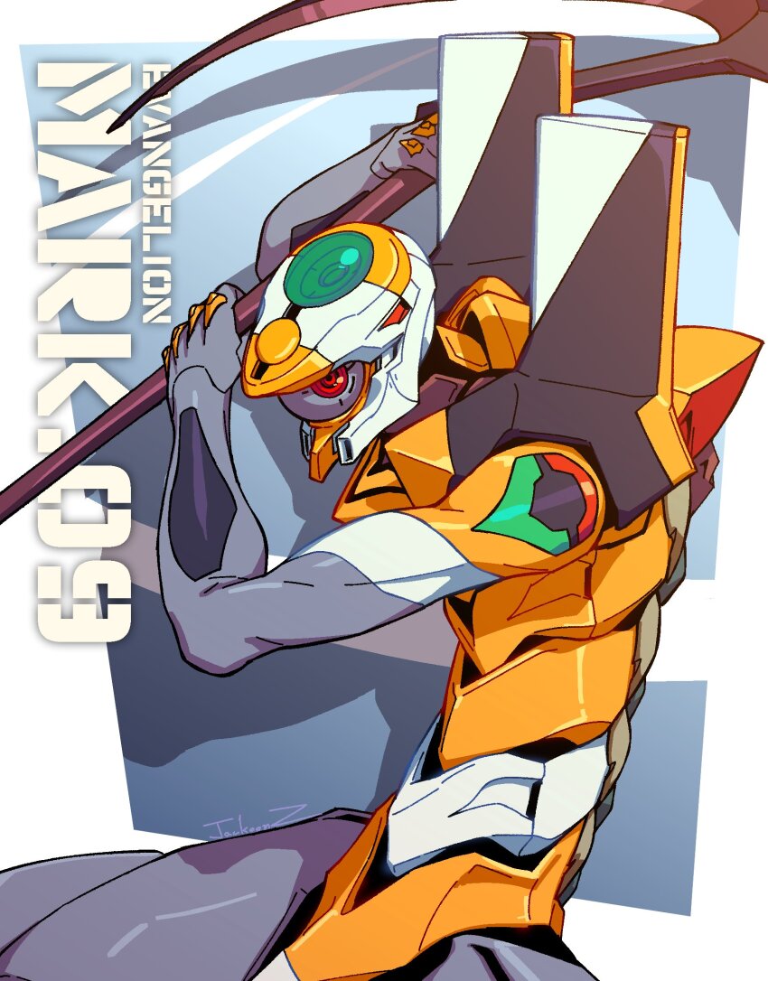 artist_name character_name copyright_name eva_09 evangelion:_3.0_you_can_(not)_redo evangelion_(mecha) highres holding holding_scythe holding_weapon jackoonz mecha mecha_focus neon_genesis_evangelion no_humans one-eyed rebuild_of_evangelion red_eyes robot science_fiction scythe signature super_robot weapon