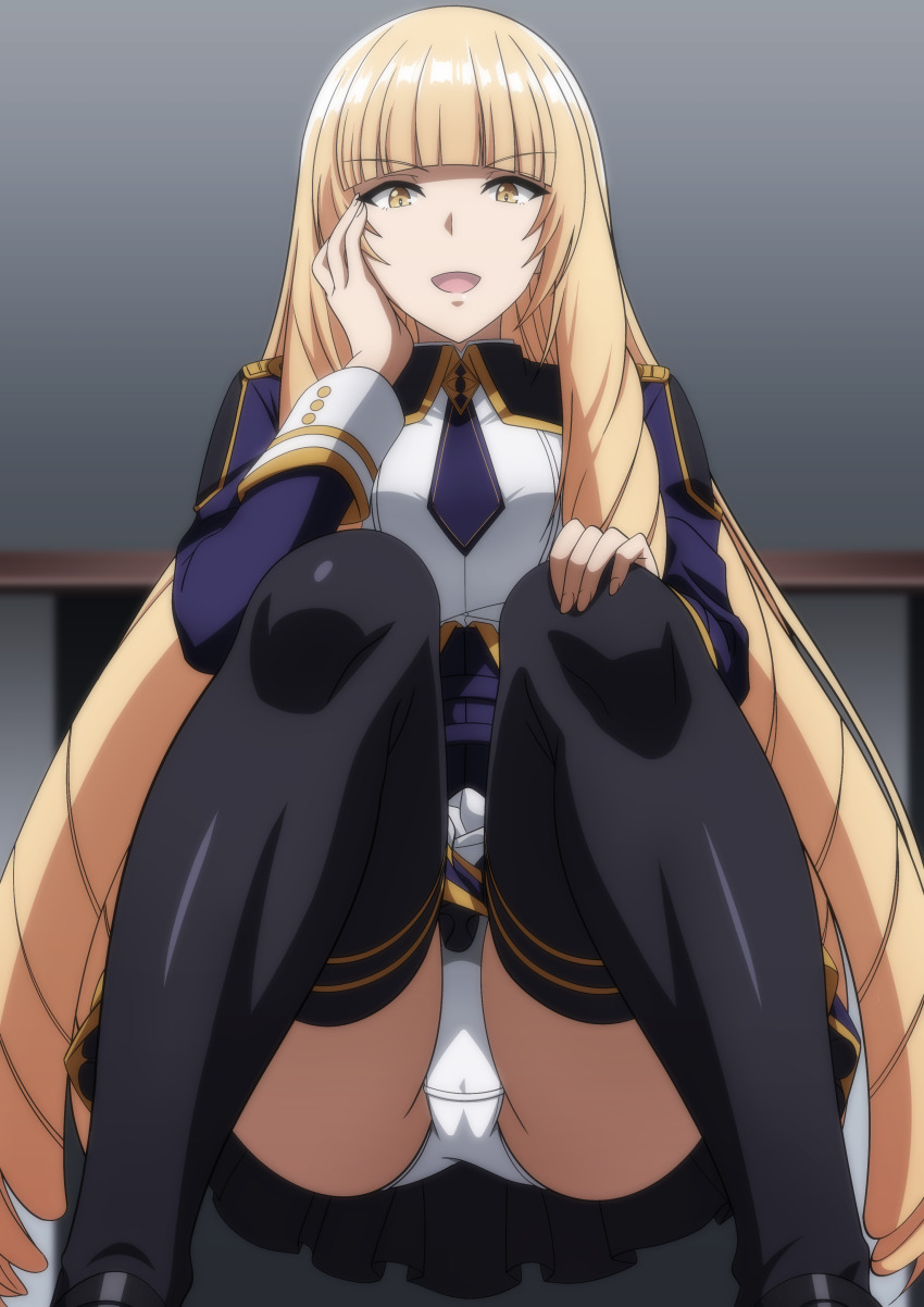 1girl absurdres black_thighhighs blonde_hair blue_corset blue_necktie blunt_bangs breasts canele corset drill_hair hand_on_own_cheek hand_on_own_face hand_on_own_knee highres kage_no_jitsuryokusha_ni_naritakute! large_breasts long_hair looking_at_viewer makiri_akira midgar_academy_school_uniform necktie open_mouth panties pantyshot rose_oriana school_uniform short_necktie sitting skirt smile solo thighhighs tongue underwear white_panties white_skirt yellow_eyes