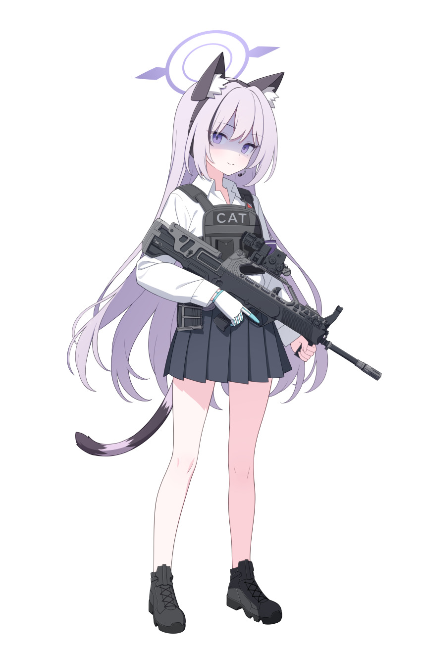 1girl absurdres animal_ear_fluff animal_ear_headphones animal_ears assault_rifle black_shoes black_skirt black_tail blue_archive blush bulletproof_vest bullpup cat_ear_headphones cat_ears cat_tail closed_mouth collared_shirt fake_animal_ears full_body gloves gun halo headphones headset highres holding holding_gun holding_weapon jyt large_variant_set long_hair long_sleeves looking_at_viewer original pleated_skirt purple_eyes purple_hair purple_halo purple_tail qbz-95 rifle school_uniform shaded_face shirt shoes sidelocks simple_background single_glove skirt smile solo split_mouth standing tachi-e tactical_school_uniform tail transparent_background two-tone_tail variant_set weapon white_gloves white_shirt