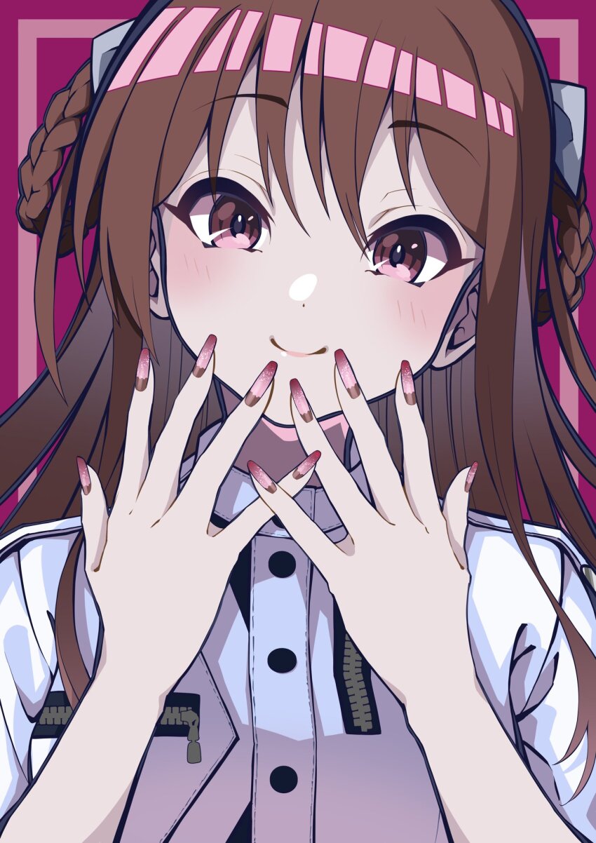 1girl 22/7 blush boku_wa_konya_deteiku bow braid braided_hair_rings brown_eyes brown_hair close-up closed_mouth dress hair_bow hair_rings highres lionmaru0808 long_hair looking_at_viewer nail_polish portrait purple_background short_sleeves smile solo tachikawa_ayaka twin_braids two_side_up white_bow white_dress