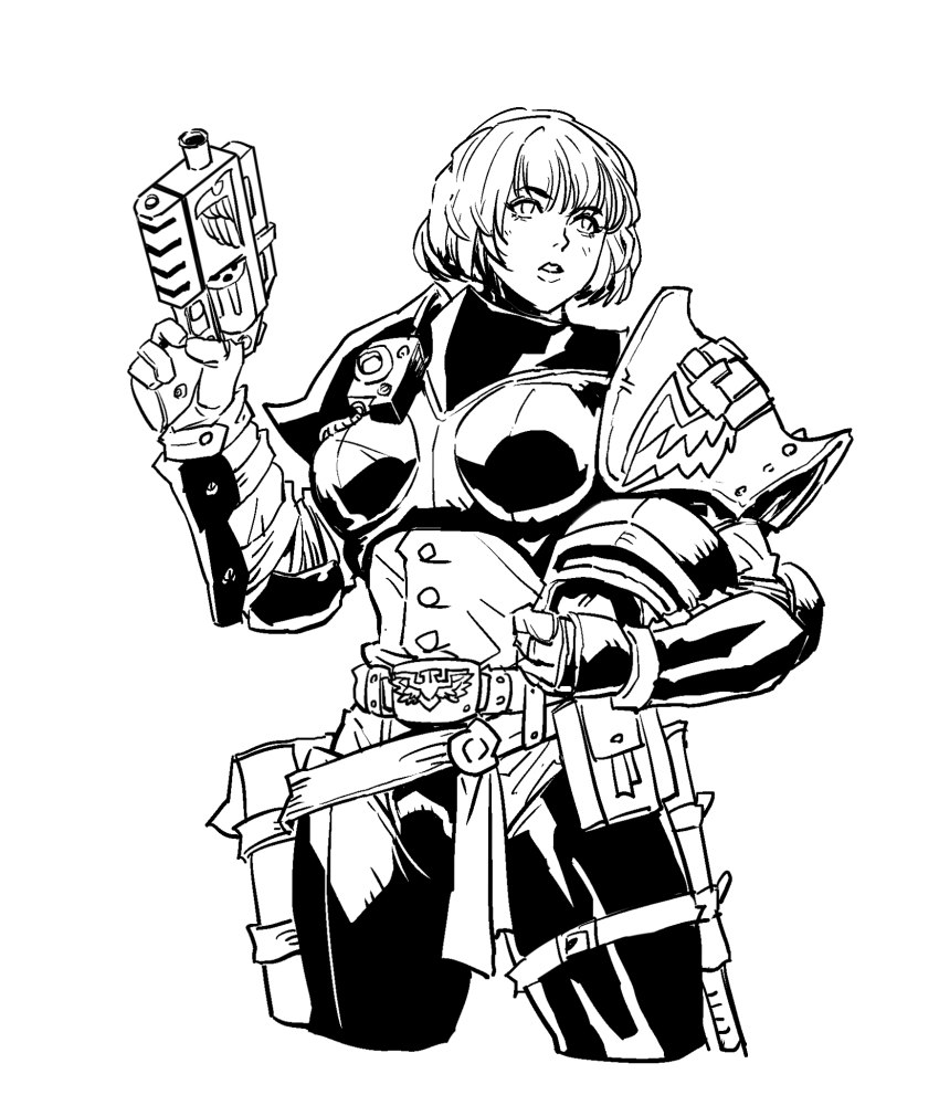2000_ad adeptus_arbites ammunition_pouch armor belt dredd gloves greyscale gun handgun helmet highres judge_anderson monochrome pauldrons pouch revolver rmulderz short_hair shoulder_armor thick_thighs thighs warhammer_40k weapon