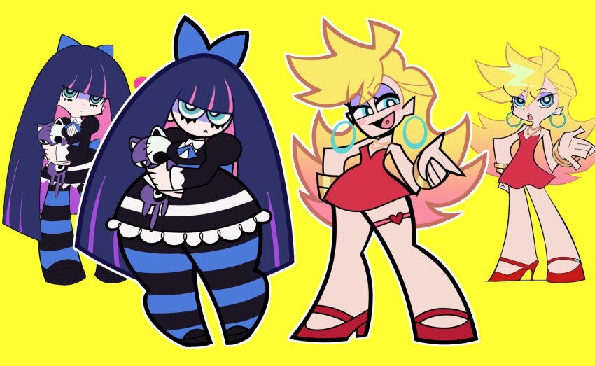 2girls blonde_hair blue_eyes blue_hair blunt_bangs bow breasts colored_inner_hair dress earrings hair_bow highres honekoneko_(psg) jewelry long_hair long_sleeves milkkirie multicolored_hair multiple_girls panty_&amp;_stocking_with_garterbelt panty_(psg) photo-referenced piercing red_dress siblings sisters sleeveless smile spiked_hair stocking_(psg) striped_clothes stuffed_animal stuffed_toy thigh_strap tongue_piercing toon_(style) two-tone_hair wide_hips yellow_background