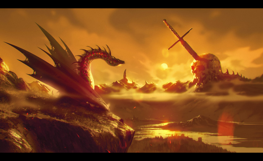 absurdres cloud cloudy_sky dragon forest highres kalmahul letterboxed mountainous_horizon nature no_humans orange_sky original oversized_object planted planted_sword planted_weapon sepia skull sky sun sunset sword valley weapon wyvern