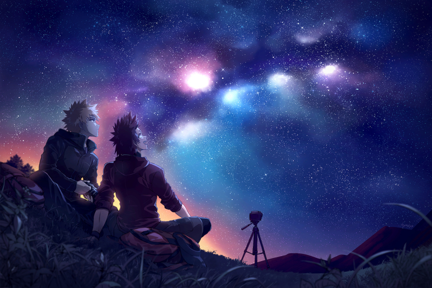 2boys arm_behind_back awestruck bag bakugou_katsuki black_headwear black_jacket blonde_hair blurry blurry_foreground boku_no_hero_academia camera closed_mouth commentary dark diffraction_spikes from_behind from_side glowing hand_on_ground hand_on_leg hand_on_own_leg head_back high_collar highres hill holding holding_camera hood hood_down hoodie jacket kirishima_eijirou light long_sleeves looking_up lowah male_focus multiple_boys nebula night night_sky on_grass on_ground open_collar open_mouth outdoors profile red_eyes red_hair red_hoodie scar scar_across_eye scar_on_face sharp_teeth short_hair sky sky_focus three-quarter_sleeves smile spiked_hair star_(sky) starry_sky teeth unworn_bag unworn_headwear video_camera visor_cap wide_shot