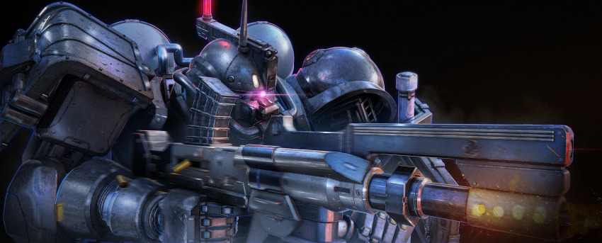 absurdres aiming black_background commentary_request glowing glowing_eye gun gundam gundam_gquuuuuux highres holding holding_gun holding_weapon mecha mecha_focus mobile_suit motion_blur no_humans one-eyed purple_eyes radio_antenna robot science_fiction simple_background solo upper_body weapon yamataka_(blenderkame) zaku_ii