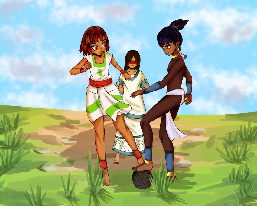 1boy 2girls aztec ball baptistar2004 black_hair brown_hair child closed_eyes highres loincloth long_hair mayan mayan_mythology multiple_girls red_hair short_hair tribal