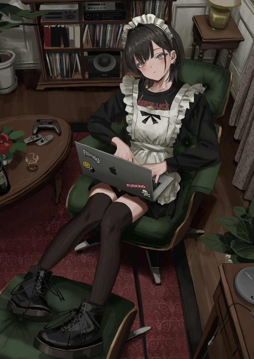 1girl absurdres alternate_costume apple_inc. apron arm_rest armchair band_shirt black_boots black_hair black_shirt black_skirt blush book bookshelf boots bottle cable chair closed_mouth clothes_writing commentary_request computer computer_keyboard controller cup curtains drawer drinking_glass enmaided feet_on_chair flower frilled_apron frills game_controller gishiki_(gshk) glass hair_intakes highres indoors lamp laptop long_sleeves macintosh maid maid_apron maid_headdress medium_hair merchandise metallica on_chair original plant potted_plant profanity red_flower rug shelf shirt shot_glass sitting skirt skull_and_crossbones smiley_face solo sony speaker sticker table tanaka_kyouko thighhighs typing white_apron wooden_floor yellow_eyes yin_yang zettai_ryouiki