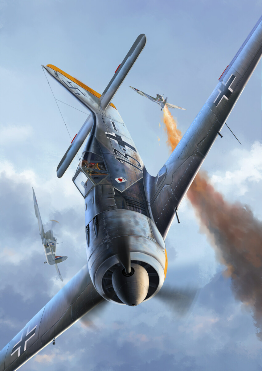 1boy aerial_battle airplane balkenkreuz battle cross dogfight fire fw_190 highres luftwaffe military military_vehicle original propeller propeller_fighter royal_air_force sky smoke supermarine_spitfire swastika vehicle_focus world_war_ii zuotian_de_yu