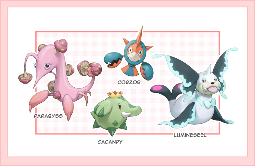 black_eyes border cacnea character_name commentary corphish english_commentary eyelashes fusion gen_1_pokemon gen_2_pokemon gen_3_pokemon gen_4_pokemon gorebyss highres horns kazuko_(towa) looking_at_viewer lumineon mushroom nintendo no_humans paras phanpy pincers pokemon pokemon_(creature) scizor seel single_horn tongue tongue_out tusks