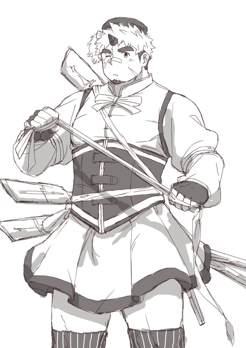 1boy akiha_gongen_(housamo) bandaid bandaid_on_face bandaid_on_nose bara beret bow bowtie cosplay facial_hair facial_scar feet_out_of_frame goatee greyscale gun haishiba_ame hat highres holding holding_gun holding_weapon looking_at_viewer magical_boy mahou_shoujo_madoka_magica mahou_shoujo_madoka_magica_(anime) male_focus monochrome multicolored_hair muscular muscular_male one_eye_closed pectorals scar scar_across_eye scar_on_cheek scar_on_face short_hair sideburns skirt solo thick_eyebrows thighhighs thighs tokyo_houkago_summoners tomoe_mami tomoe_mami_(cosplay) tomoe_mami_(magical_girl) two-tone_hair weapon