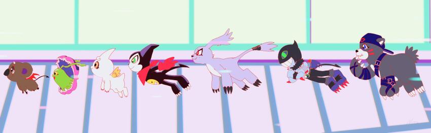 absurdres bearmon belt cupimon digimon digimon_(creature) digimon_adventure digimon_adventure:_bokura_no_war_game dracumon gazimon green_eyes highres impmon phascomon scarf shakomon tail