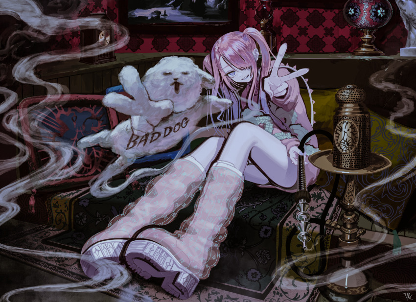 1girl absurdres analog_clock boots bright_pupils bust_(sculpture) clock commentary couch dog english_commentary english_text floating frilled_sweater full_body gradient_hair grey_eyes grin hair_over_one_eye half-closed_eyes highres holding holding_smoking_pipe hookah indoors knee_boots leaning_to_the_side long_hair long_sleeves looking_at_viewer lounge multicolored_hair on_couch original outstretched_hand pillow pink_boots pink_hair pink_sweater platform_boots platform_footwear purple_hair purple_nails rug sanpaku sitting smile smoke smoke_trail smoking_pipe solo sweater twintails v vase white_pupils yu_(stdio_nameraka)