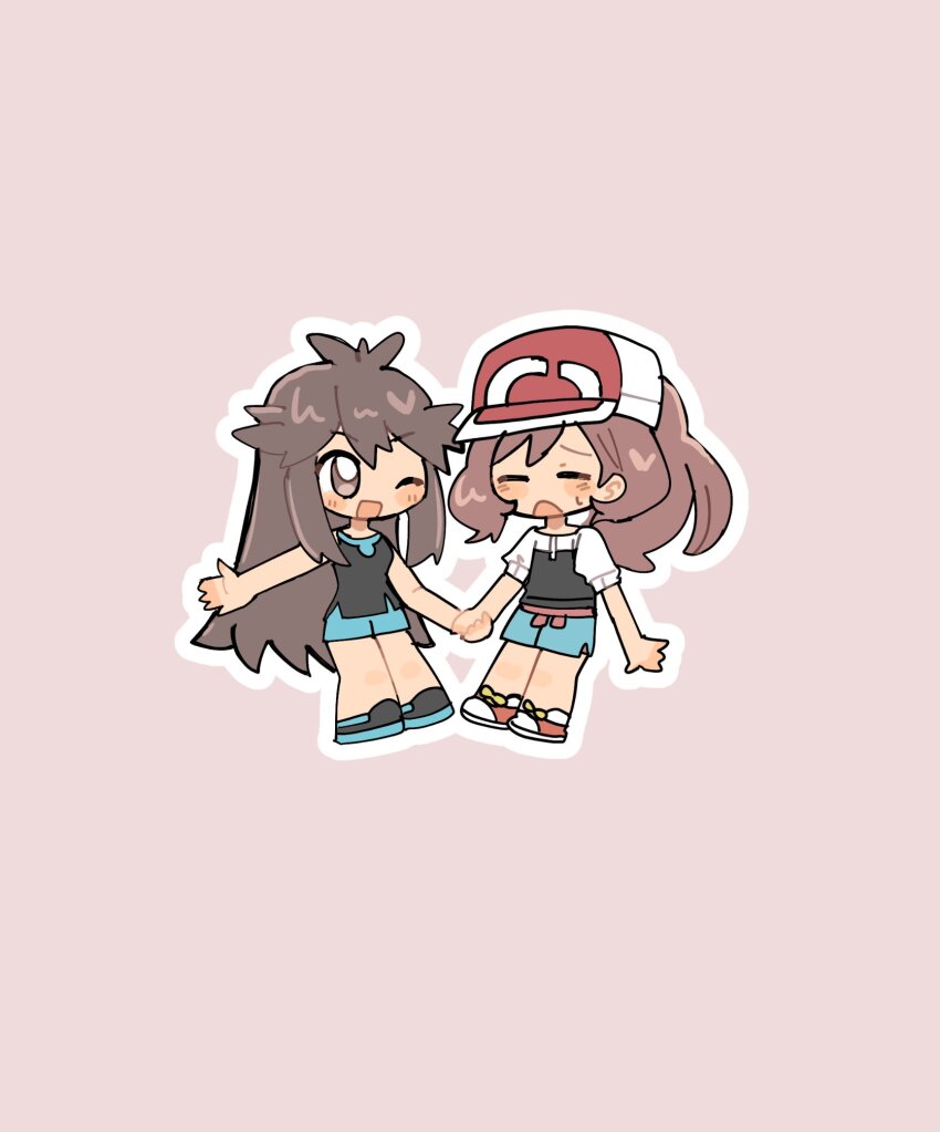 2girls ;d black_shirt blue_shorts brown_eyes brown_hair chibi chibi_only closed_eyes creatures_(company) elaine_(pokemon) game_freak green_(pokemon) han0579 hat highres holding_hands long_hair looking_at_another multiple_girls nintendo one_eye_closed open_mouth outline pink_background pokemon pokemon_lgpe ponytail shirt shorts smile sweatdrop very_long_hair white_outline