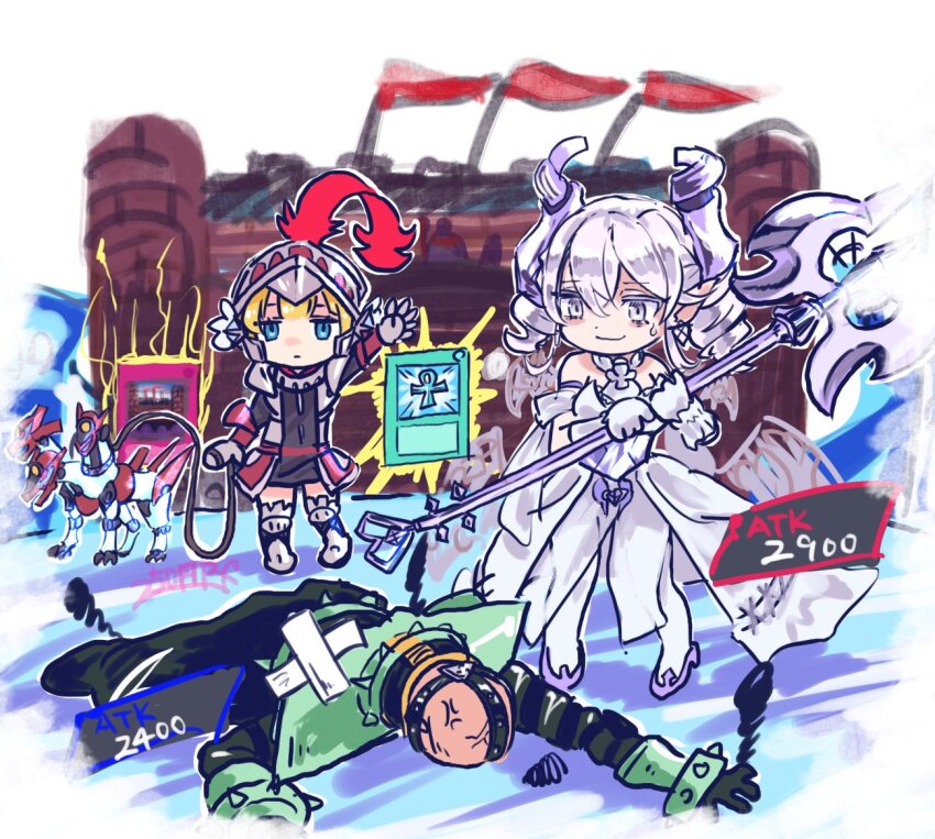1boy 250en_remon 2girls card castle cerberus chibi cyborg demon_girl demon_horns demon_wings dress duel_monster gameplay_mechanics grey_hair holding holding_polearm holding_weapon horns injury jinzo_(yu-gi-oh!) knight knight_(yu-gi-oh!) looking_at_another lovely_labrynth_of_the_silver_castle lying monster_reborn multiple_girls nervous_smile on_floor photon_cerberus polearm royal_decree_(yu-gi-oh!) smile stats trait_connection translated twintails weapon white_dress wings yu-gi-oh!