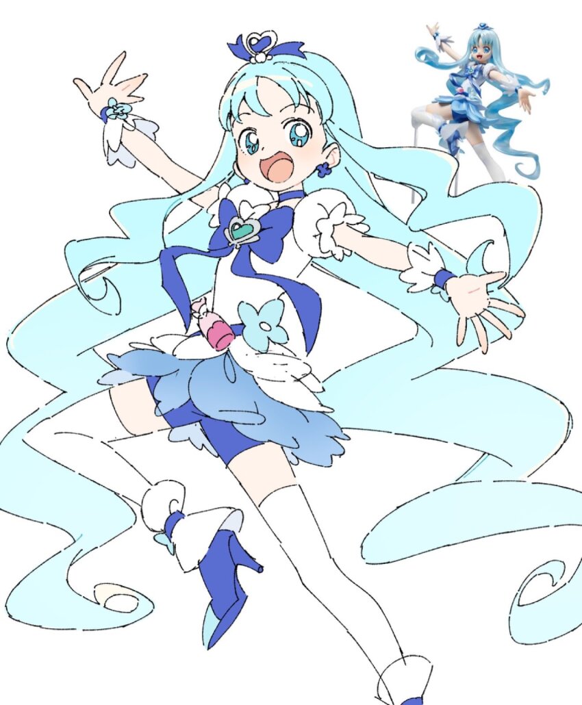 1girl :d aqua_eyes aqua_hair blue_bow blue_bowtie blue_choker blue_shoes blue_skirt bow bow_choker bowtie brooch choker cure_marine earrings figure flower_earrings ginjiro_(ginjiroxx) hair_ornament heart heart_brooch heart_hair_ornament heartcatch_precure! high_heels highres jewelry kurumi_erika long_hair looking_at_viewer magical_girl miniskirt open_mouth outstretched_arms photo-referenced precure puffy_short_sleeves puffy_sleeves reference_inset shirt shoes short_sleeves shorts shorts_under_skirt simple_background skirt smile solo very_long_hair white_background white_shirt wrist_cuffs