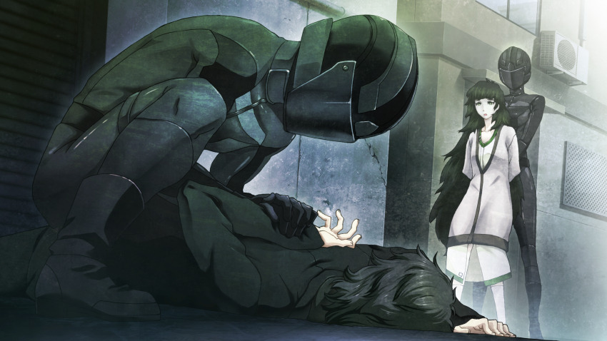 2015 akihabara_(tokyo) amane_yuki arm_behind_back belt black_belt black_hair black_jacket blunt_bangs bodysuit breasts clothing_request collar collarbone covered_knees dress fingernails flat_chest game_cg gloves green_collar green_dress green_eyes green_hair green_trim grey_jacket height_difference held_down helmet highres hiyajou_maho holding_another&#039;s_wrist huke immobilization jacket jacket_over_dress judy_reyes kneehighs latex latex_bodysuit latex_gloves leather_belt long_hair long_sleeves looking_at_another looking_down lying medium_breasts messy_hair non-web_source official_art okabe_rintarou okabe_rintarou_(beta) on_stomach open_mouth outdoors restrained ringed_eyes shirt short_hair skin_tight socks spoilers squatting standing steins;gate steins;gate_0 thick_eyebrows thick_thighs thighs tongue very_long_hair white_socks