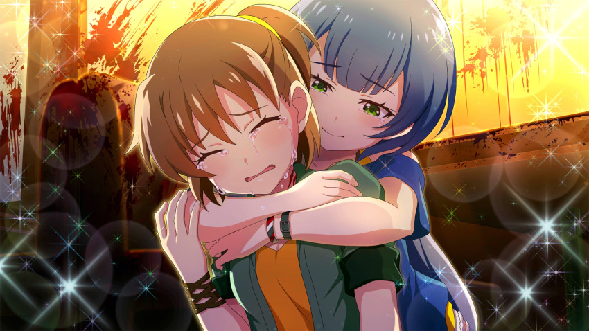 2girls akasaka_miyuki blood_on_window blue_hair bracelet brown_hair closed_eyes closed_mouth crying cuts evening game_cg green_eyes highres higurashi_no_naku_koro_ni higurashi_no_naku_koro_ni_mei hug hug_from_behind indoors injury jewelry kurosawa_chisame lens_flare long_hair multiple_girls non-web_source official_art one_side_up open_mouth orange_sky purple_eyes short_hair sky sparkle tears upper_body window