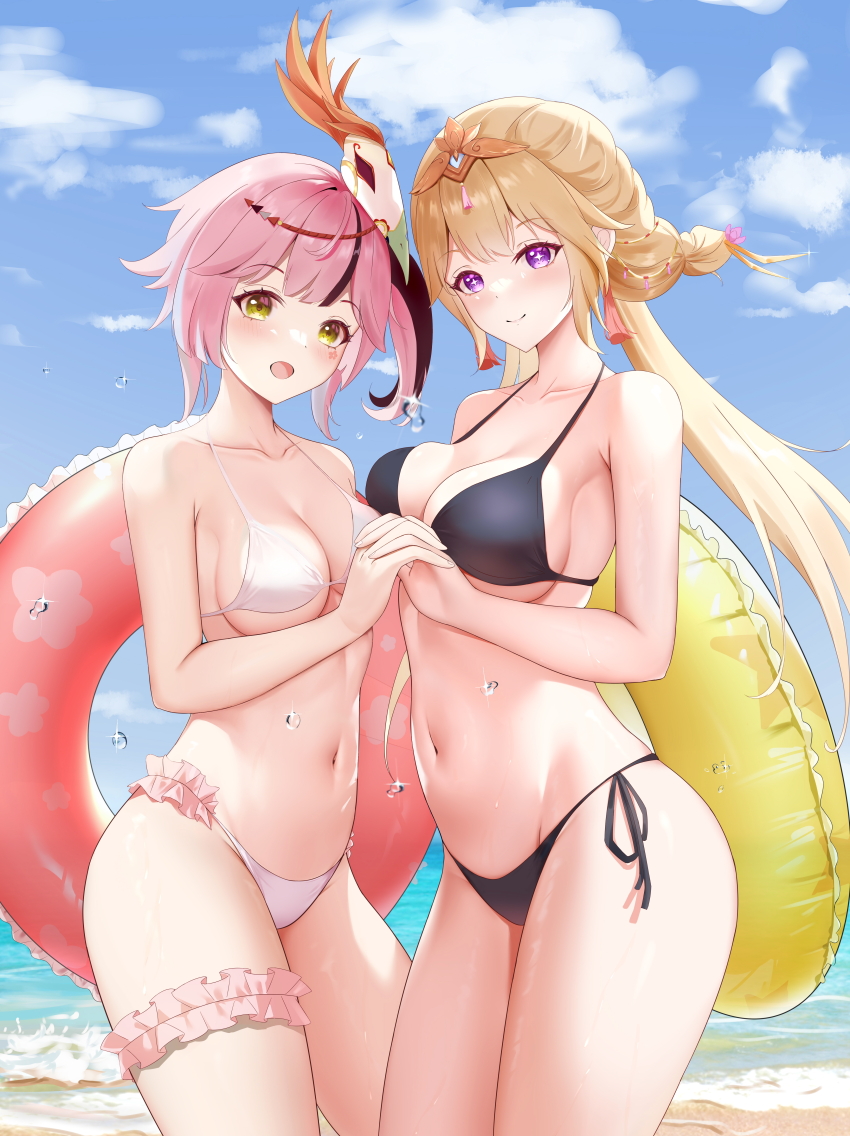2girls absurdres alternate_costume bare_arms bare_shoulders beach bikini bird_mask black_bikini blonde_hair breasts cleavage closed_mouth commentary_request cowboy_shot day fei_se_(tower_of_fantasy) frilled_bikini frilled_thigh_strap frills green_eyes halterneck highres holding_hands innertube lan_(tower_of_fantasy) large_breasts long_hair looking_at_viewer mask mask_on_head medium_breasts multicolored_hair multiple_girls navel open_mouth outdoors pink_hair purple_eyes side-tie_bikini_bottom side_ponytail skindentation smile standing stomach streaked_hair string_bikini swim_ring swimsuit thigh_strap tiara tower_of_fantasy twintails wet white_bikini xiatian