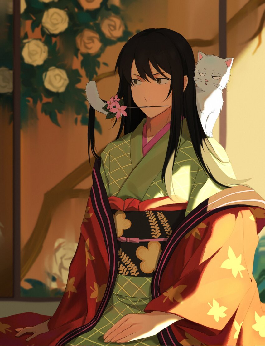 1boy animal animal_on_shoulder animalization black_hair brown_eyes cat crossdressing gintama highres indoors japanese_clothes katsura_kotarou kimono male_focus renico_(1389208605560352778) sakata_gintoki sitting