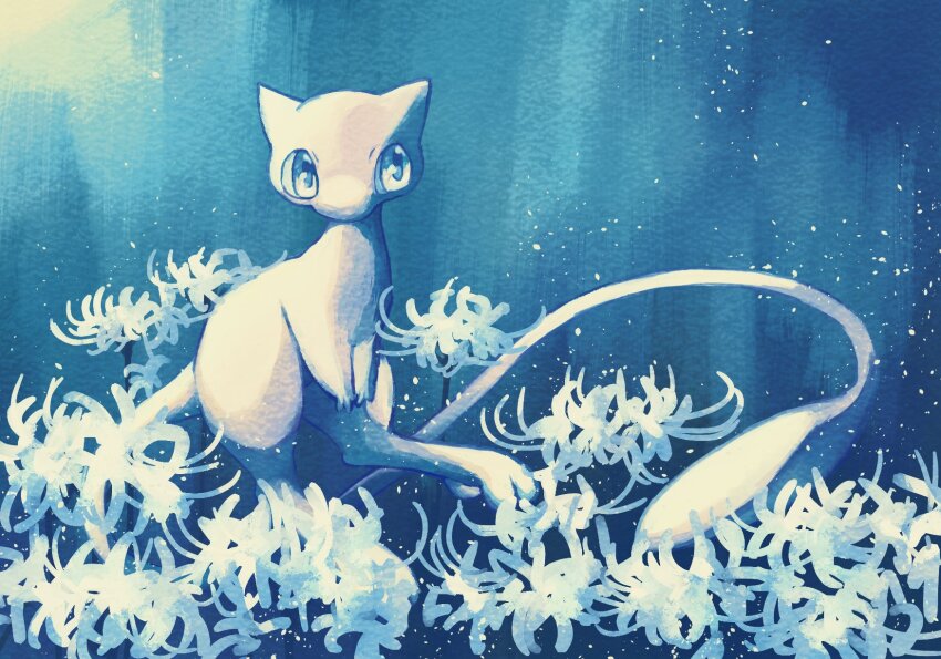 7_phi_3 blue_eyes blue_flower blue_theme floating flower gen_1_pokemon highres legendary_pokemon looking_to_the_side mew_(pokemon) mythical_pokemon nintendo no_humans pokemon pokemon_(creature) solo tail