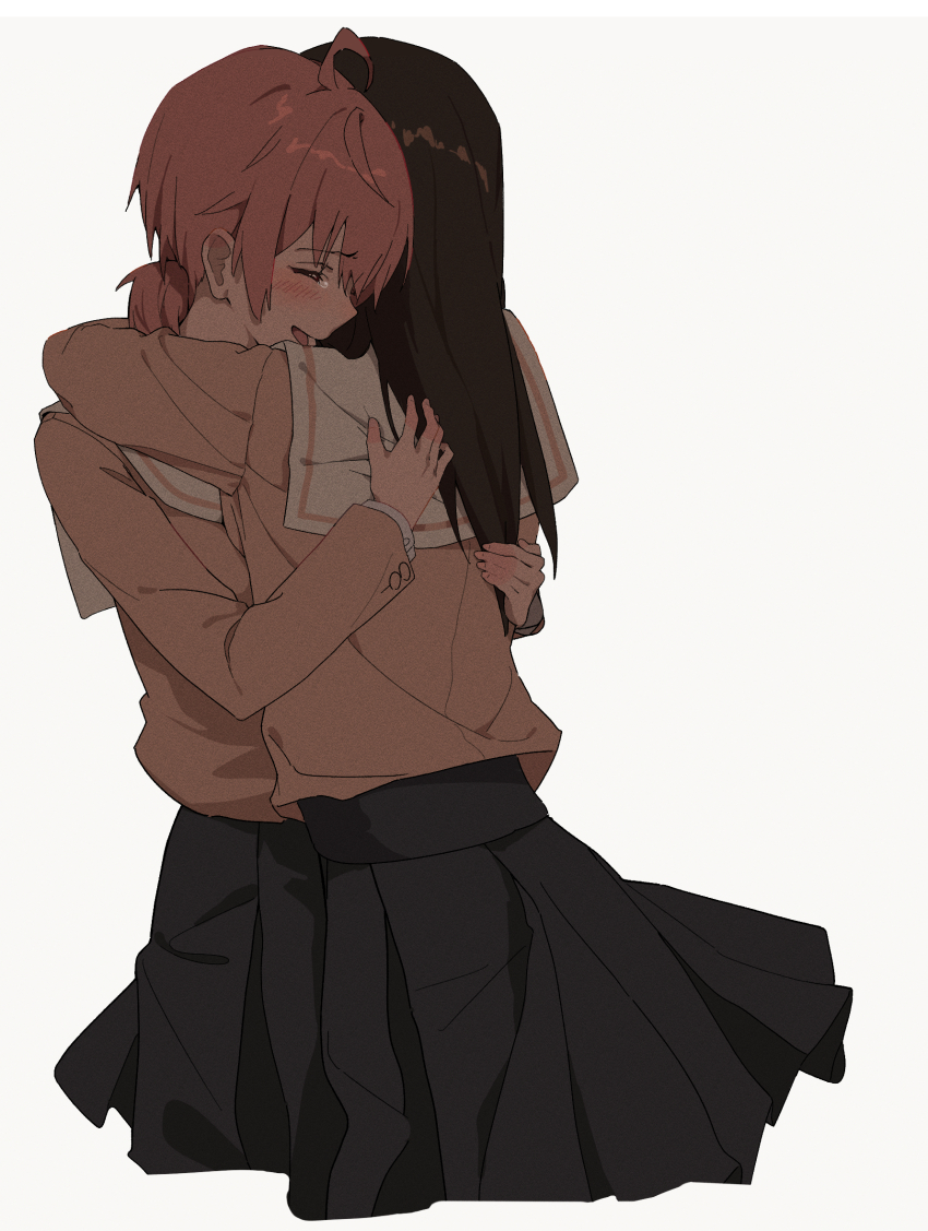 2girls ahoge black_hair black_skirt blush closed_eyes commentary crying highres hug koito_yuu lie_lack1080 long_hair long_sleeves low_twintails multiple_girls nanami_touko open_mouth orange_hair parent_and_child pleated_skirt sailor_collar school_uniform short_hair short_twintails simple_background skirt tohmi_higashi_high_school_uniform twintails white_background white_sailor_collar yagate_kimi_ni_naru yuri