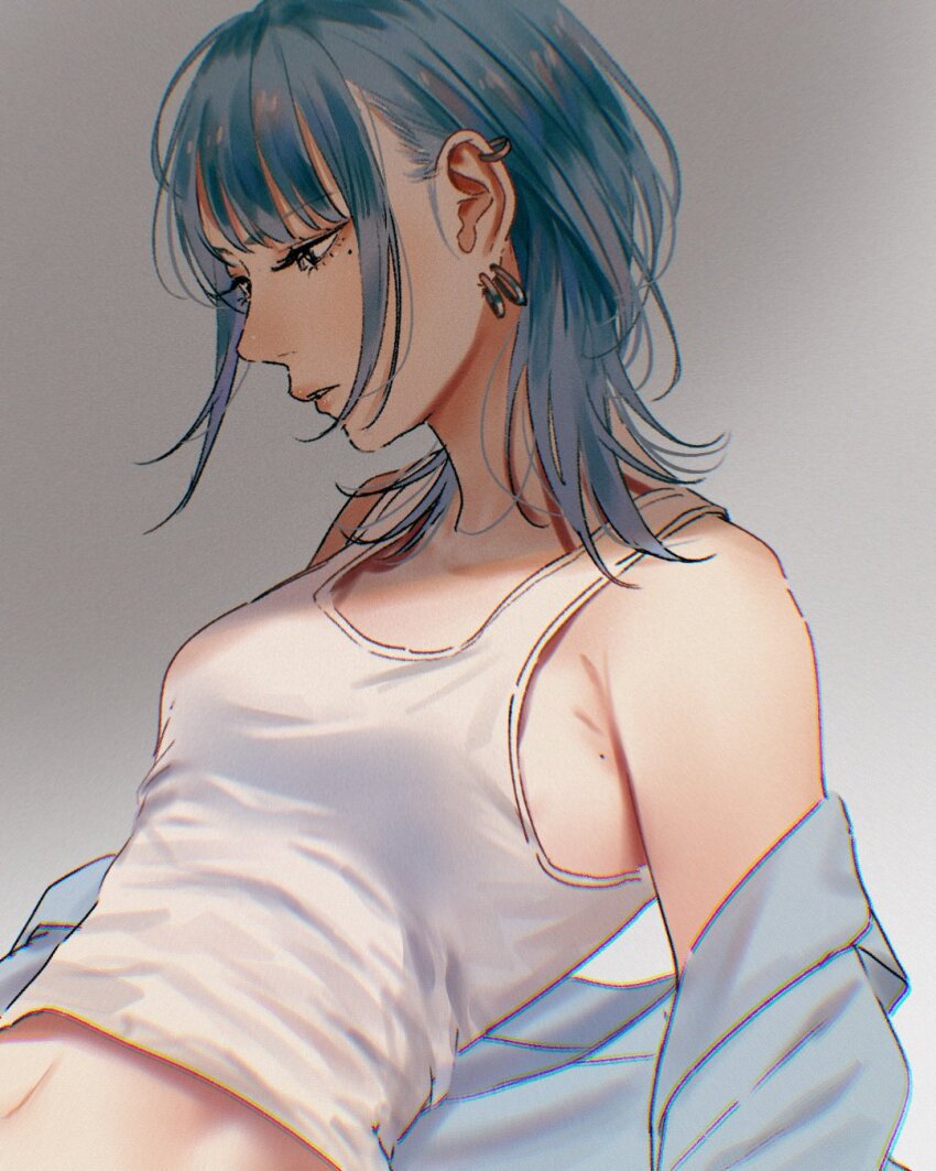 1girl black_eyes blue_hair collarbone crop_top detached_sleeves earrings grey_jacket grey_tank_top highres jacket jewelry midriff mole mole_on_armpit mole_under_eye multiple_moles open_clothes original parted_lips pink_lips saitou_(lynx-shrike) shadow short_hair simple_background sleeveless solo tank_top white_background
