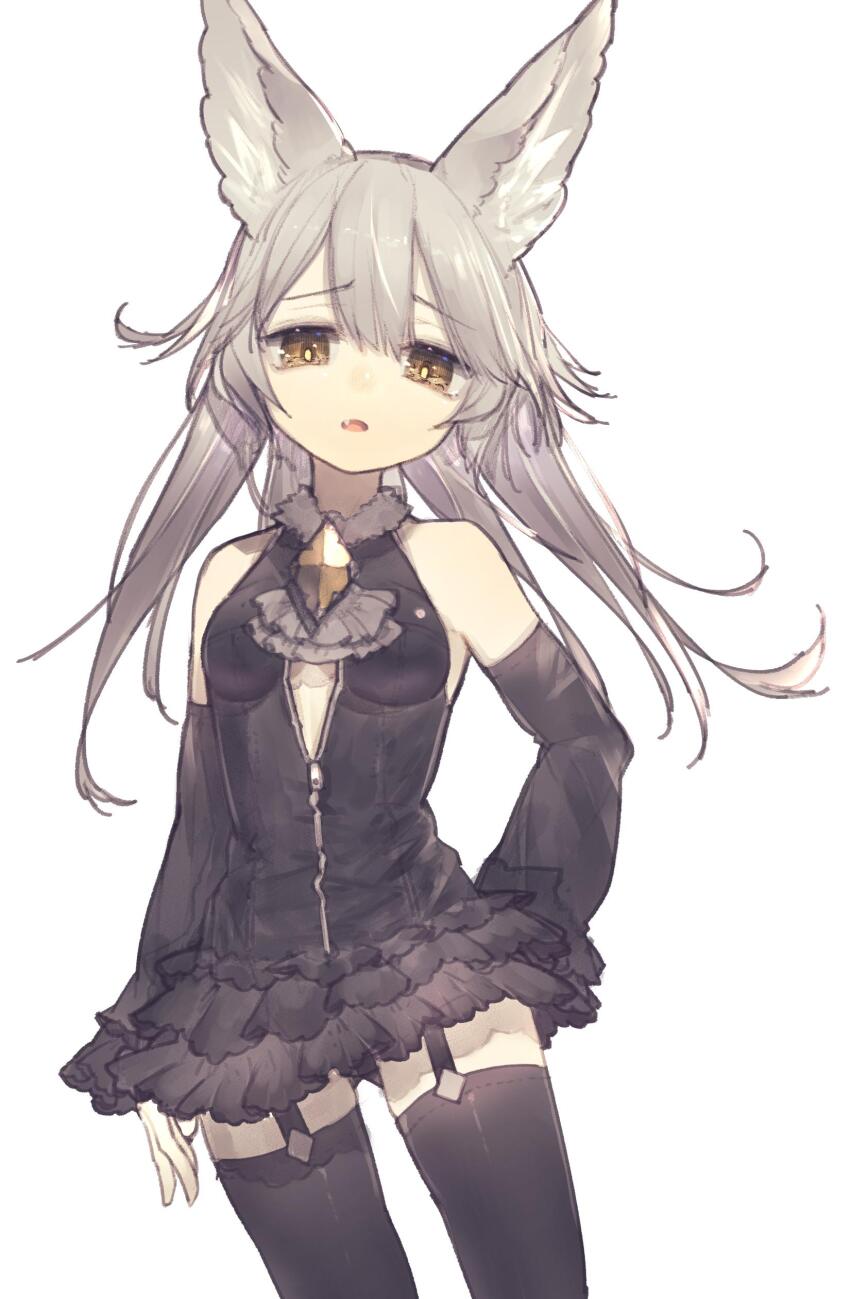 1girl absurdres animal_ear_fluff animal_ears arms_at_sides ascot breasts brooch commentary_request cowboy_shot detached_sleeves dress facing_viewer fang frilled_ascot frilled_skirt frills fur-trimmed_dress fur_trim garter_straps grey_hair hand_on_own_hip highres jewelry large_ears long_hair looking_at_viewer open_mouth original partially_unzipped riuichi simple_background skin_fang skirt small_breasts solo thigh_gap thighhighs white_background yellow_eyes zettai_ryouiki zipper_dress