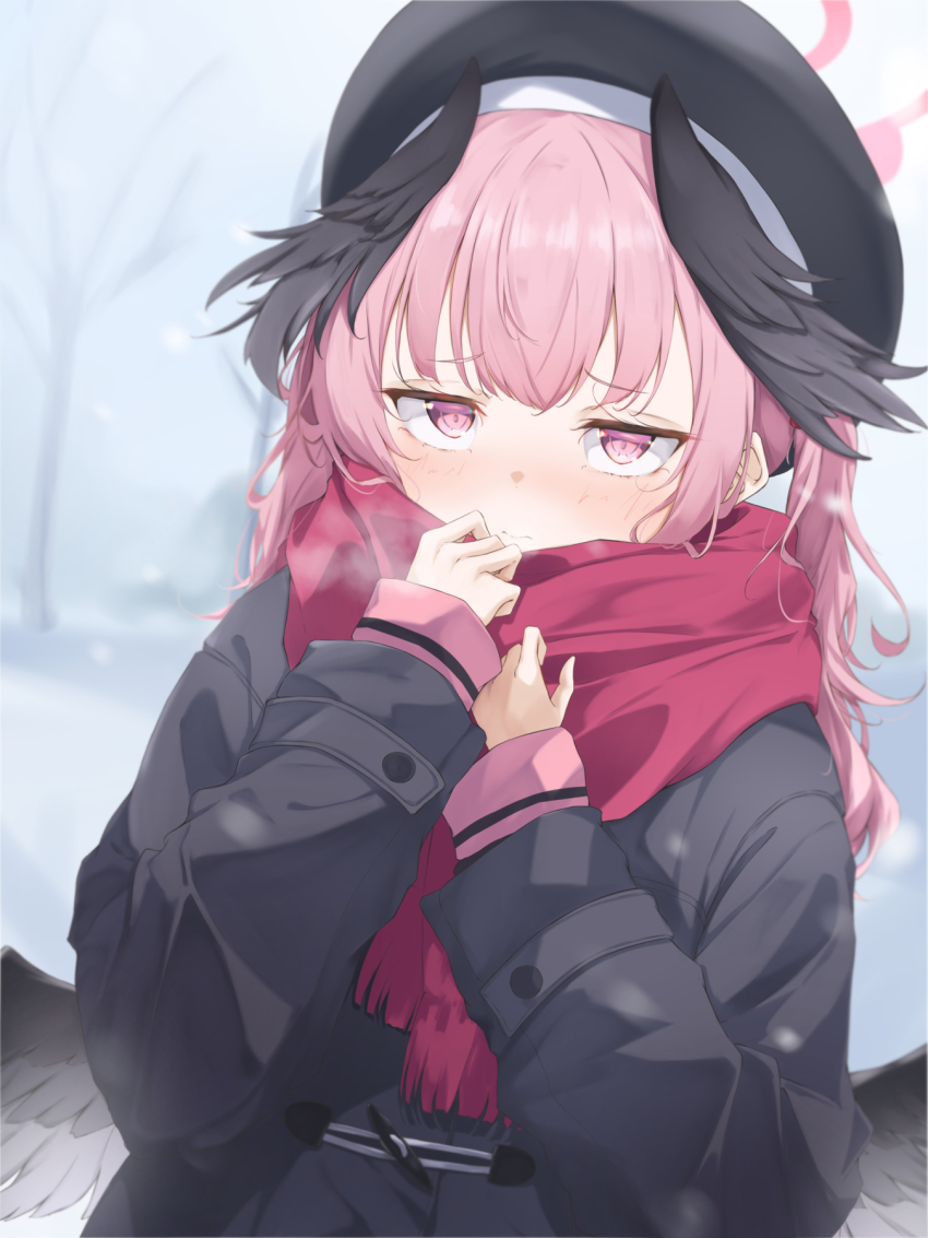 1girl 3: alternate_costume beret black_coat black_hat black_wings blue_archive blush breath closed_mouth coat commentary duffel_coat feathered_wings furrowed_brow haamon_(harmon) halo hands_up hat head_wings highres koharu_(blue_archive) long_hair looking_at_viewer low_wings outdoors pink_eyes pink_hair pink_halo pink_scarf scarf shy sleeves_past_wrists snowing solo twintails upper_body upturned_eyes wings winter winter_clothes