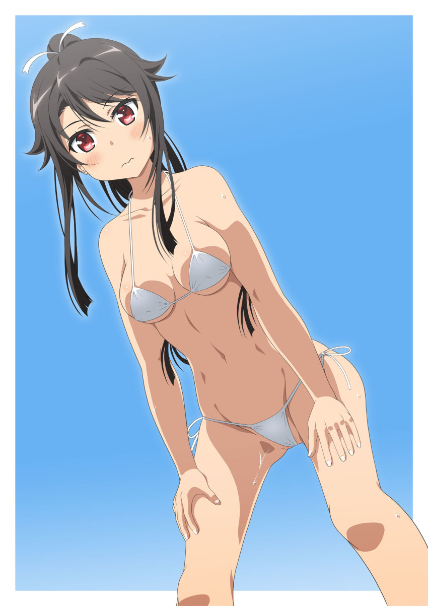 1girl bikini black_hair blue_background breasts collarbone commentary_request hands_on_own_knees high_school_fleet highres hiraizumi_(mugenkidousha) leaning_forward long_hair looking_at_viewer medium_breasts munetani_mashiro ponytail red_eyes side-tie_bikini_bottom solo standing swimsuit white_bikini